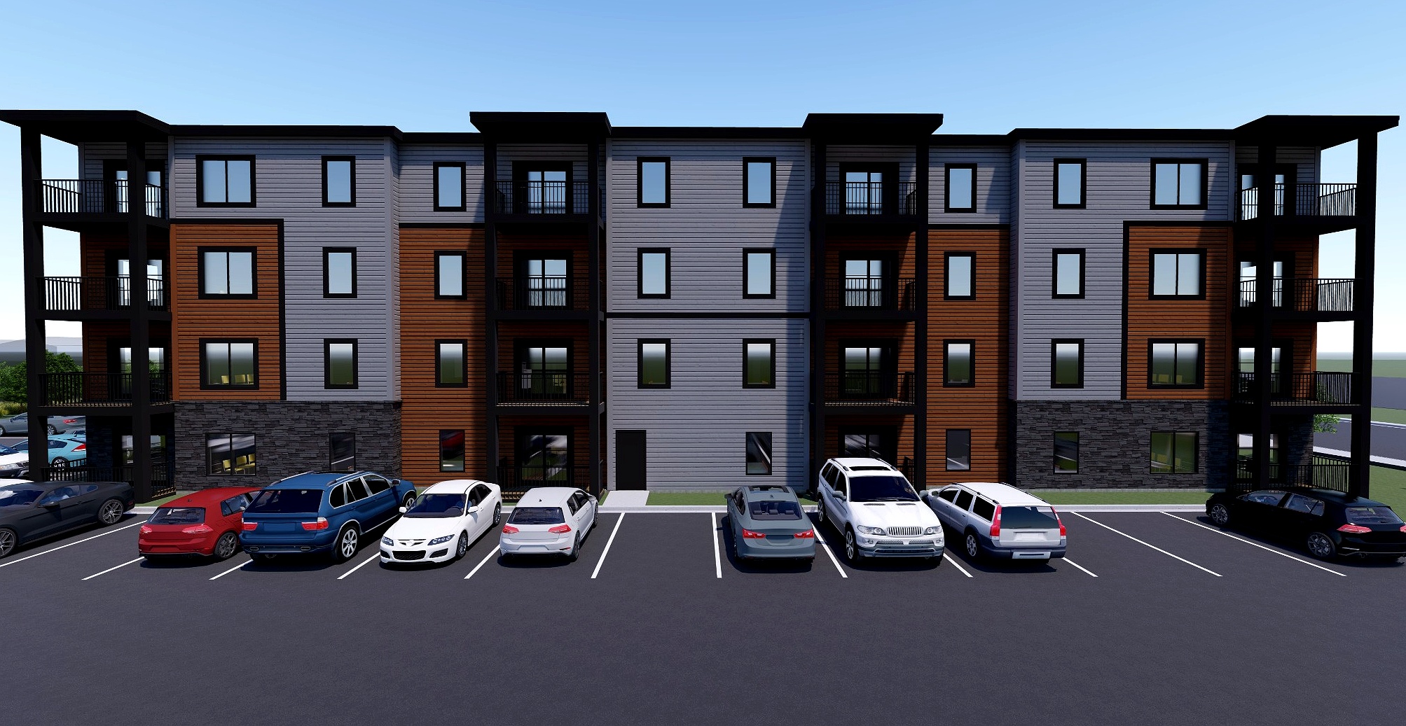 Modern apartment building at The View, 727 Coverdale Road in Riverview, offering thoughtfully designed rental suites in a convenient neighbourhood.